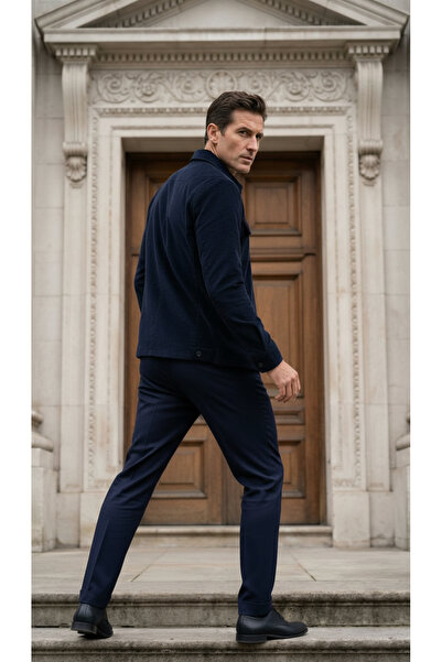 alenmeza Men's Navy Blue Zippered Double Pocket Comfortable Fit Velvet Shirt