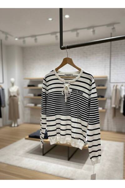 YusGos Women's Tie Neck Striped Steel Knit High Quality Knitwear Sweater