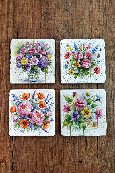 Begoloni Stone Decor Natural Stone Coaster - Flower Printed Coaster 10X10Cm A...