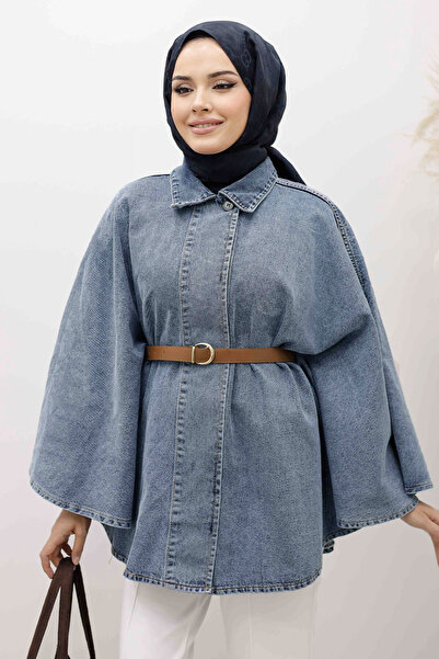 Tesettür Dünyası Belted Denim Poncho Tsd250256 Light Blue