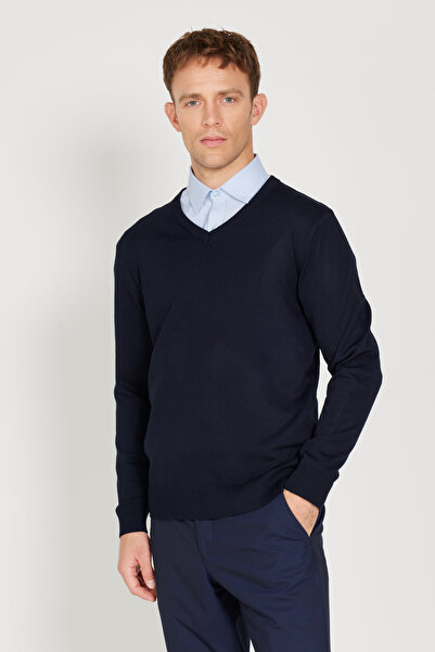 ALTINYILDIZ CLASSICS Πλεκτό πουλόβερ με λαιμόκοψη σε σχήμα V, κανονική εφαρμογή, σταντάρ μπλε ναυτικό