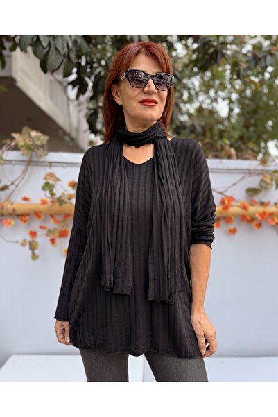 DenizEge material reiat Tricotaj negru cu eșarfă