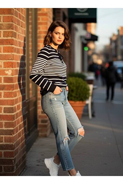 YusGos Women's Tie Neck Striped Steel Knit High Quality Knitwear Sweater