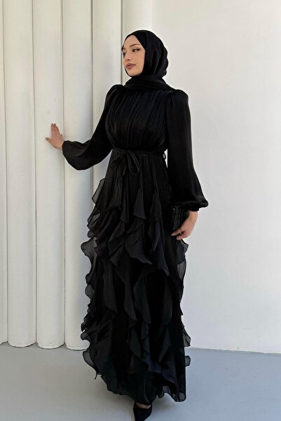 Modaensarbutik Etek Volan Detaylı Jan Jan Kumaş Tesettür Abiye-SİYAH
