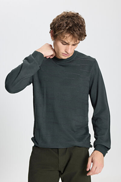 ALTINYILDIZ CLASSICS Πράσινο-ανθρακί μάλλινο πουλόβερ με κανονική εφαρμογή και κορδόνι με λαιμόκοψη