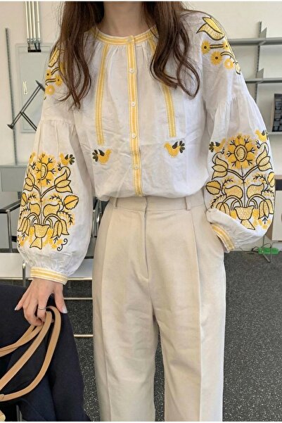 FEMELLE Women's White Balloon Sleeve Embroidered Cotton Shirt