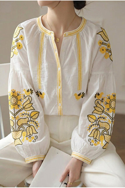 FEMELLE Women's White Balloon Sleeve Embroidered Cotton Shirt