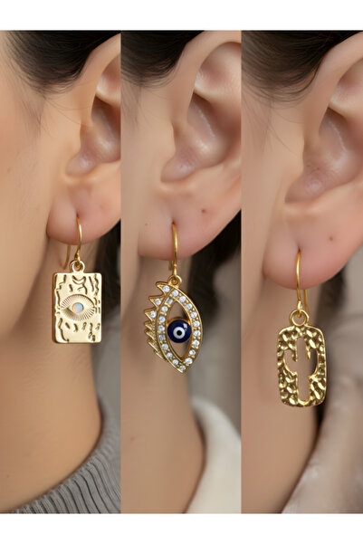 TURBİJ مجموعة أقراط نسائية من ثلاث قطع بتصميم العين والشمس والصبار