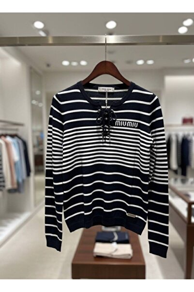 YusGos Women's Tie Neck Striped Steel Knit High Quality Knitwear Sweater