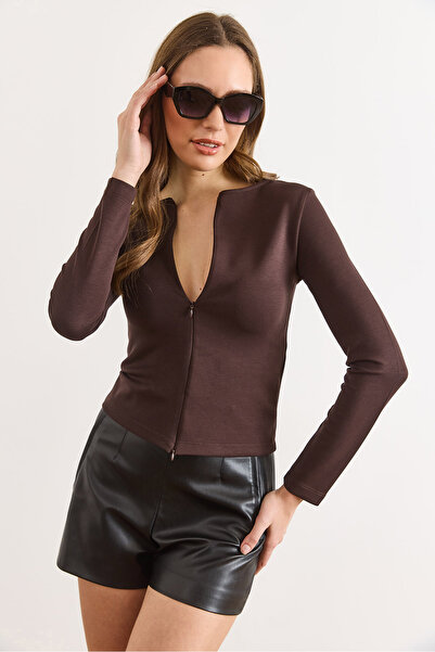 Olalook Women's Brown Double-Sided Hidden Zipper Stretchy Blouse Blz-19003182