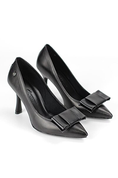 Gökhan Talay Polina Flexible Soft Non-Slip Sole (8 cm) Black Leather Corner Bow Women's Heeled Shoes