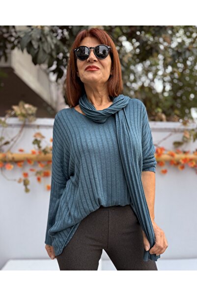 DenizEge material reiat Tricotaj cu eșarfă Albastru petrol