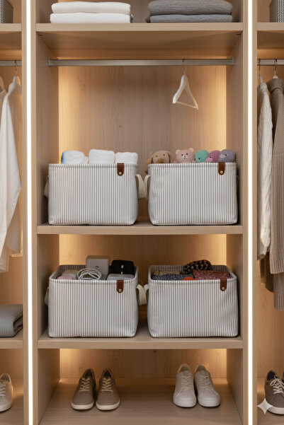 HomyJRs 4-Piece Gray Striped Multi-Purpose In-Cabinet Toy Storage Box Basket Organizer 18X22X30