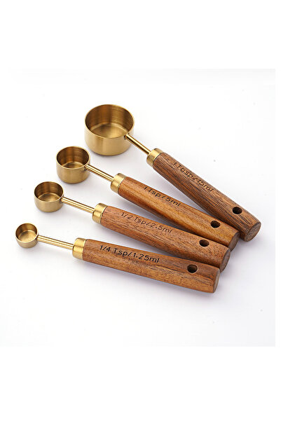Kitchen Design Lab Bambu Saplı Paslanmaz Çelik Gold Renk 4 Boy Ölçü Kaşığı Seti