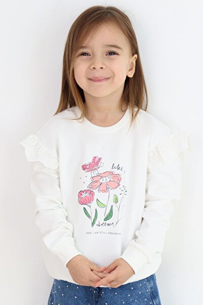 Breeze Girl's Sweatshirt with Floral Embroidery Detail on the Shoulders, Flower Printed 2-6 Years, Ecru