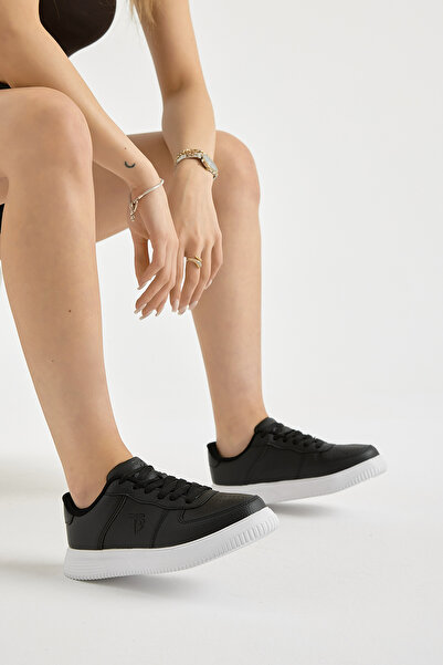 Tonny Black Women's Black and White Thick Faylon Sole Plain Patterned Lace-Up Sports Shoes