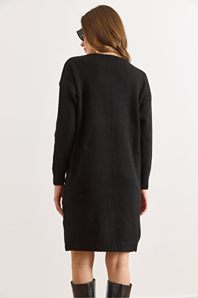 Olalook Women's Black Kangaroo Pocket Slit Knitwear Tunic Dress Elb-19002550