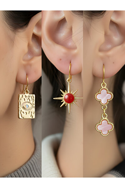 TURBİJ مجموعة أقراط نسائية من ثلاث قطع على شكل عين حمراء وشمس ووردة وبرسيم