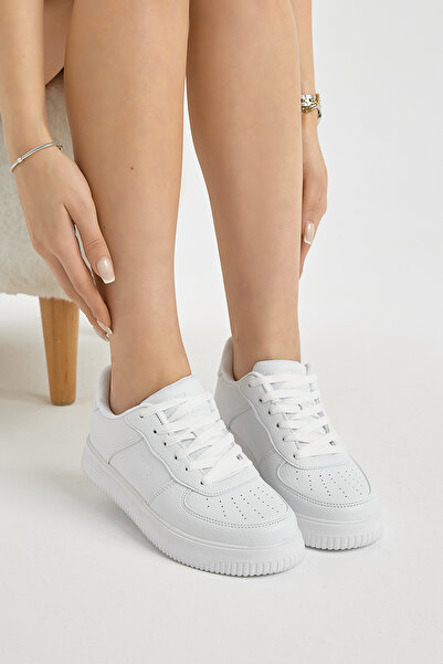 Tonny Black Women's White Thick Faylon Sole Plain Patterned Lace-Up Sports Shoes