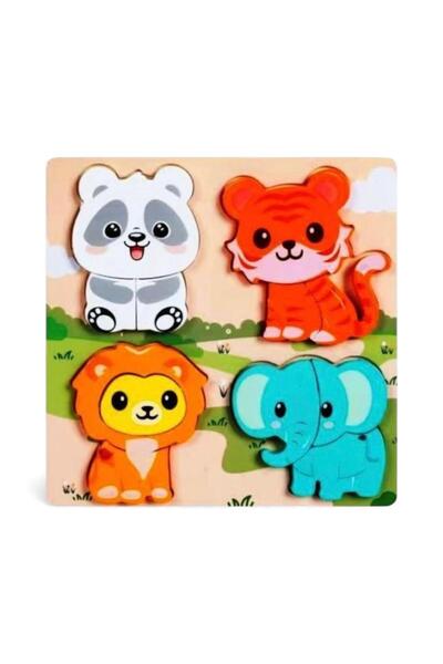 OEM Бебешки пъзел, изработен от масивно дърво с 4 изображения на животни – вс...