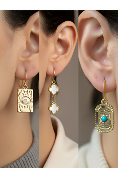 TURBİJ طقم أقراط نسائية من ثلاث قطع على شكل وردة بيضاء وتركواز بيضاوي