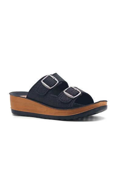 Apella Women's Slippers Simge Black Double Buckle Full Orthopedic Comfortable Slippers Soft Comfortable Stylish