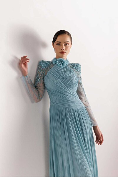 Kenzel Dantel Kollu Piliseli Etek Detaylı Yüksek Yaka Abiye Elbise