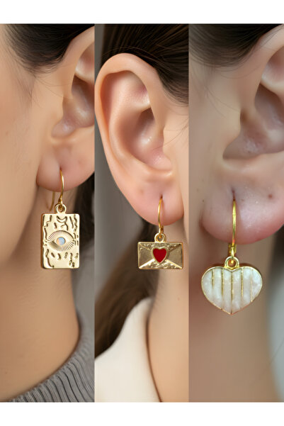 TURBİJ طقم أقراط نسائية من 3 قطع على شكل قلب لؤلؤي ورمز العين