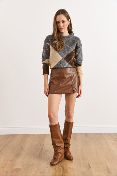 Olalook Γυναικεία Taba Mini άνοιγμα Μίνι φούστα από συνθετικό δέρμα με σορτς ETK-19000375