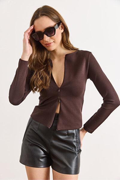 Olalook Women's Brown Double-Sided Hidden Zipper Stretchy Blouse Blz-19003182