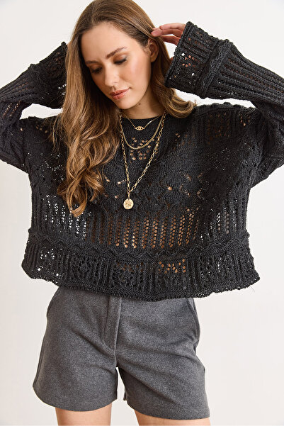 Olalook Women's Smoked Tiny Pompom Lace-Like Knit Cotton Knitwear Blouse Blz-19002336