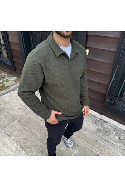 GökTR Men's Corded Fabric Fleece Sweatshirt – Buttonless Polo Collar, Oversized Comfortable Fit, Thick Fleece Fabric,