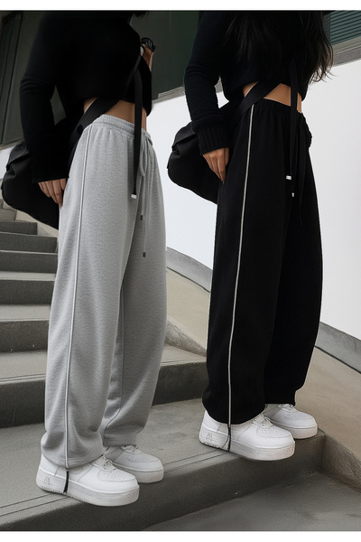 De Carte 2li Harajuku Streetwear Side Strip Kadın Bol Ayarlanabilir Geniş Paça Eşofman Altı