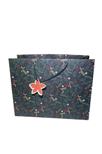DODOMAR 44×34×18 cm Green Pine Branch Patterned Luxury Christmas Gift Cardboard Bag