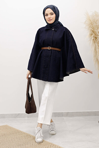 Tesettür Dünyası Belted Denim Poncho Tsd250256 Dark Blue