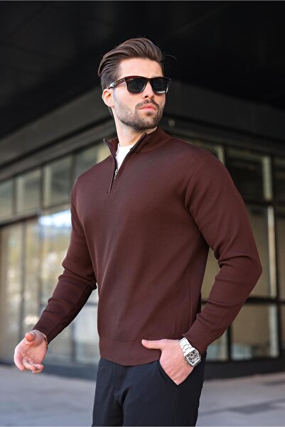 Madmext Καφέ Πλεκτό Πουλόβερ Ανδρικό με μισό φερμουάρ ψηλός λαιμός 7442