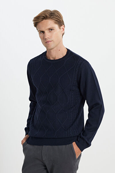 ALTINYILDIZ CLASSICS Πλεκτό πουλόβερ με μαλακή υφή επένδυση fleece με κανονική εφαρμογή και κορδόνι σε μπλε ναυτικό χρώμα