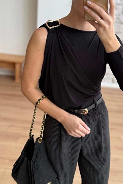 LUV STUDİOS CO Black One Shoulder Ring Draped Long Sleeve Body Blouse