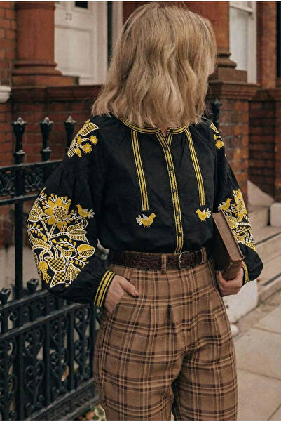 FEMELLE Women's Black Balloon Sleeve Embroidered Cotton Shirt