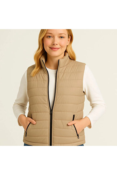 Kanonik Education Inflatable Zippered Vest Water Repellent Quilted Lined Fabric with Pockets Lightweight Winter Sports Comfortable Fit - Beige
