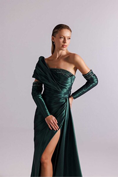 Kenzel One Shoulder Draped Slit Satin Evening Dress - Stylish Evening Gown wi...