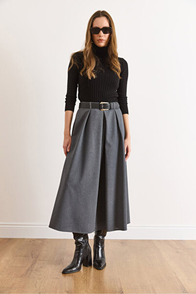 Olalook Women's Anthracite Belted Zippered Maxi Pleated Skirt Etk-19000377