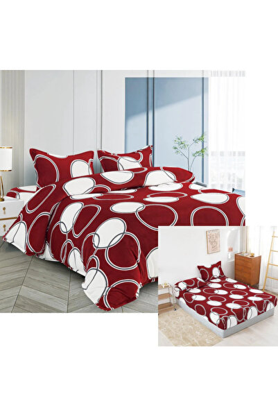 trendyhome Double Bed Linen with Elastic, Cocolino Fluffy Material, 4 Pieces, Circles, Grain/White, i14038-Elastic