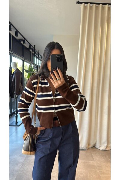MODAMERSİ Women's Brown Striped Zipper Detailed Knitwear Cardigan