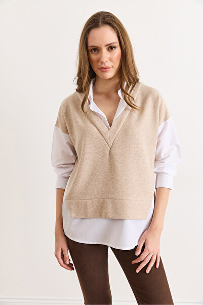 Olalook Women's White Stone Thessaloniki Shirt Detailed Comfortable Fit Blouse Blz-19003111