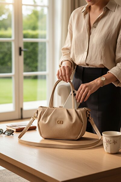 Classbag Nubuk Astarlı Fermuarlı Küçük Boy Bej Çapraz Askılı Kadın Omuz ve El...