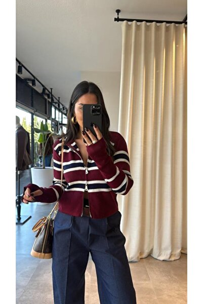 LE CARAMBOLE Women's Burgundy Striped Zipper Detailed Knitwear Cardigan
