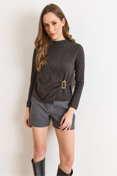 Olalook Women's Anthracite Mock Neck Accessory Detailed Flowy Thessaloniki Blouse Blz-19003163