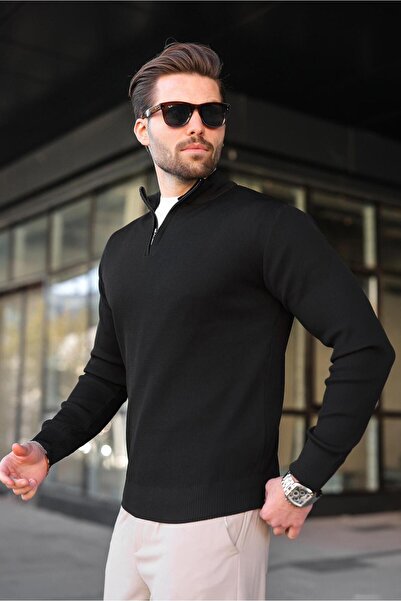 Madmext Black Half Zipper Mock Neck Men's Knitwear Sweater 7442