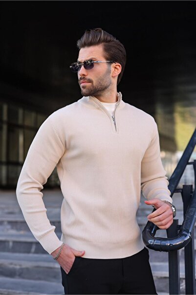 Madmext Stone Color Half Zipper Mock Neck Men's Knitwear Sweater 7442